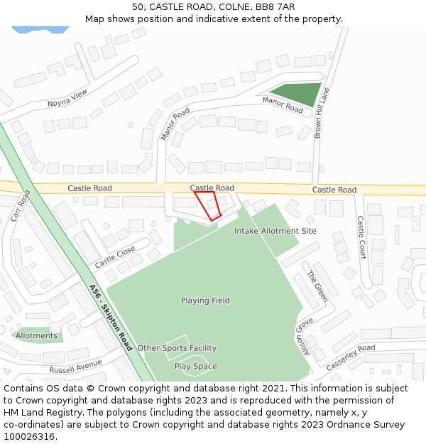 50, CASTLE ROAD, COLNE, BB8 7AR: Location map and indicative extent of plot