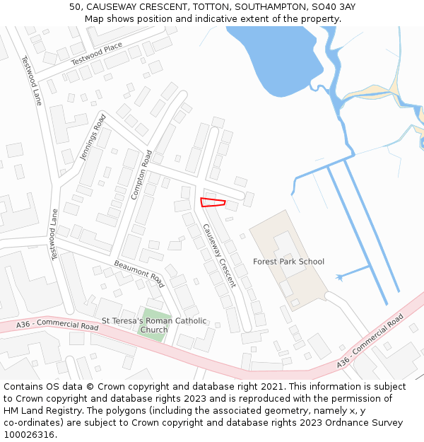 50, CAUSEWAY CRESCENT, TOTTON, SOUTHAMPTON, SO40 3AY: Location map and indicative extent of plot