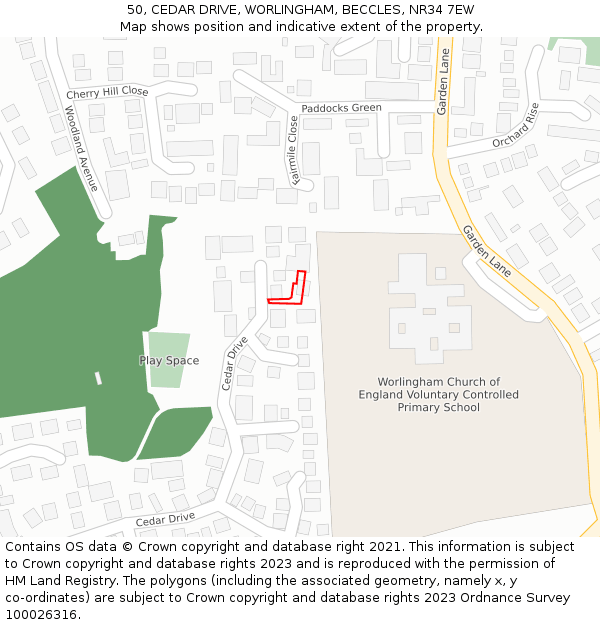 50, CEDAR DRIVE, WORLINGHAM, BECCLES, NR34 7EW: Location map and indicative extent of plot
