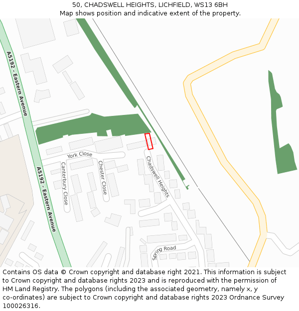 50, CHADSWELL HEIGHTS, LICHFIELD, WS13 6BH: Location map and indicative extent of plot