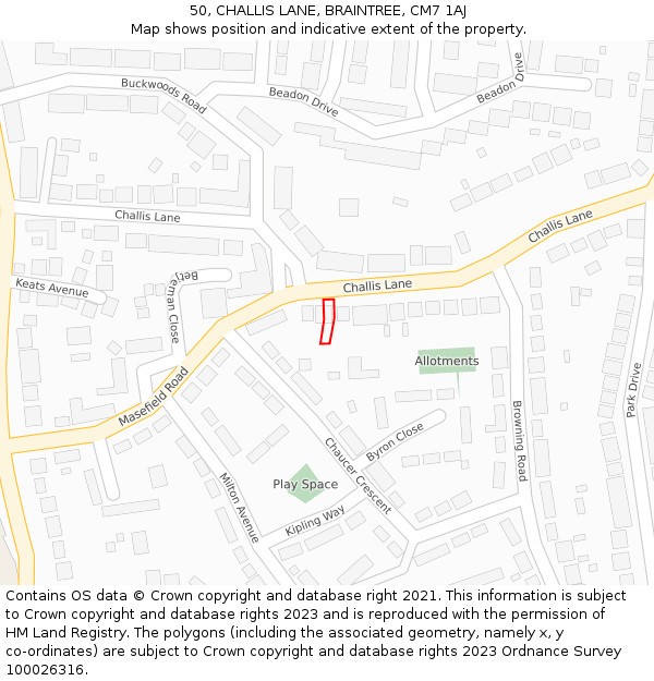 50, CHALLIS LANE, BRAINTREE, CM7 1AJ: Location map and indicative extent of plot