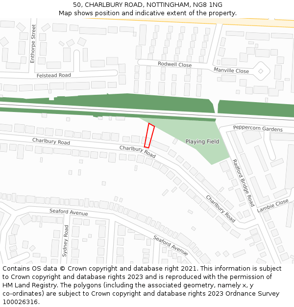 50, CHARLBURY ROAD, NOTTINGHAM, NG8 1NG: Location map and indicative extent of plot