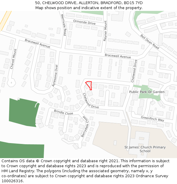 50, CHELWOOD DRIVE, ALLERTON, BRADFORD, BD15 7YD: Location map and indicative extent of plot