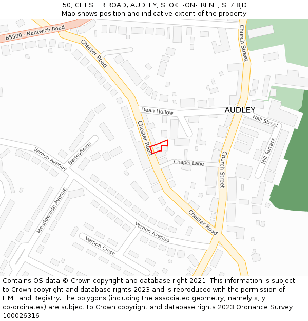 50, CHESTER ROAD, AUDLEY, STOKE-ON-TRENT, ST7 8JD: Location map and indicative extent of plot