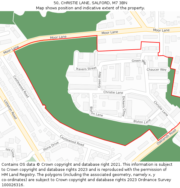 50, CHRISTIE LANE, SALFORD, M7 3BN: Location map and indicative extent of plot