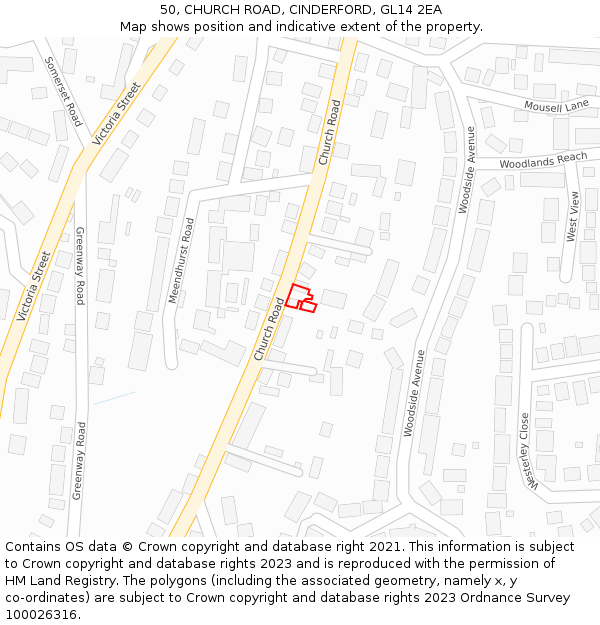 50, CHURCH ROAD, CINDERFORD, GL14 2EA: Location map and indicative extent of plot