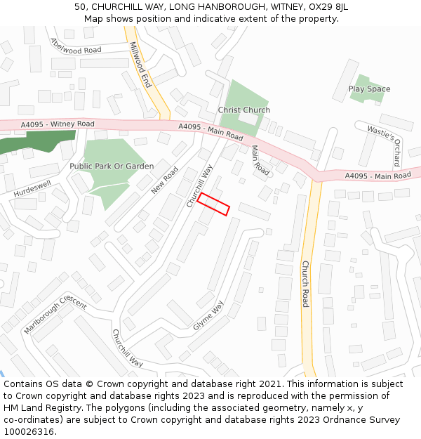 50, CHURCHILL WAY, LONG HANBOROUGH, WITNEY, OX29 8JL: Location map and indicative extent of plot