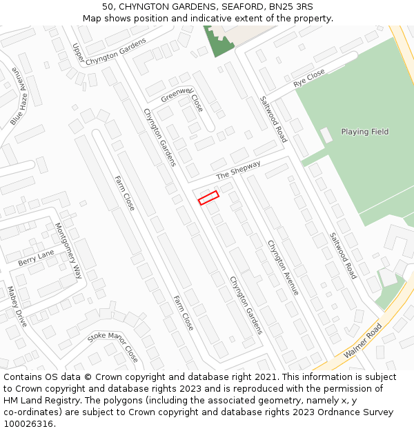 50, CHYNGTON GARDENS, SEAFORD, BN25 3RS: Location map and indicative extent of plot