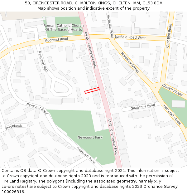 50, CIRENCESTER ROAD, CHARLTON KINGS, CHELTENHAM, GL53 8DA: Location map and indicative extent of plot