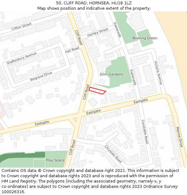 50, CLIFF ROAD, HORNSEA, HU18 1LZ: Location map and indicative extent of plot