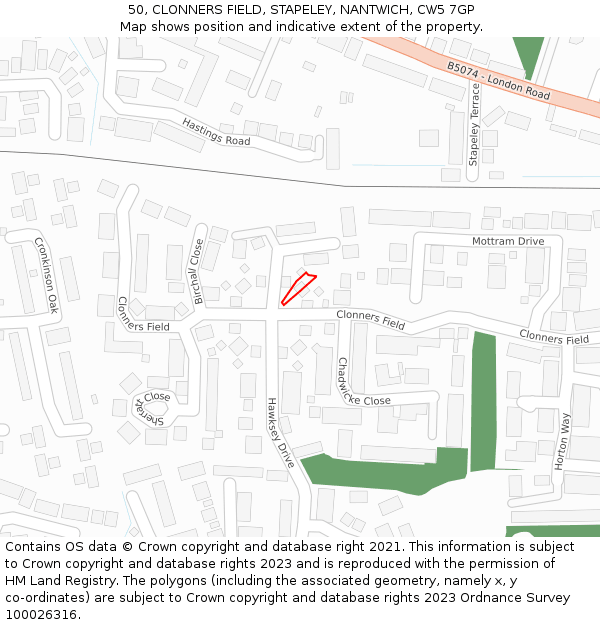 50, CLONNERS FIELD, STAPELEY, NANTWICH, CW5 7GP: Location map and indicative extent of plot