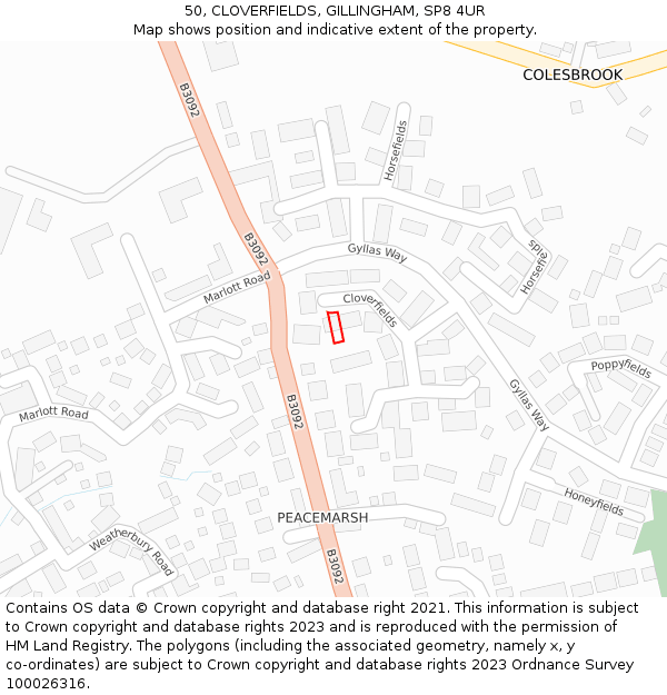 50, CLOVERFIELDS, GILLINGHAM, SP8 4UR: Location map and indicative extent of plot