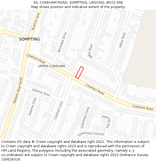 50, COKEHAM ROAD, SOMPTING, LANCING, BN15 0AE: Location map and indicative extent of plot