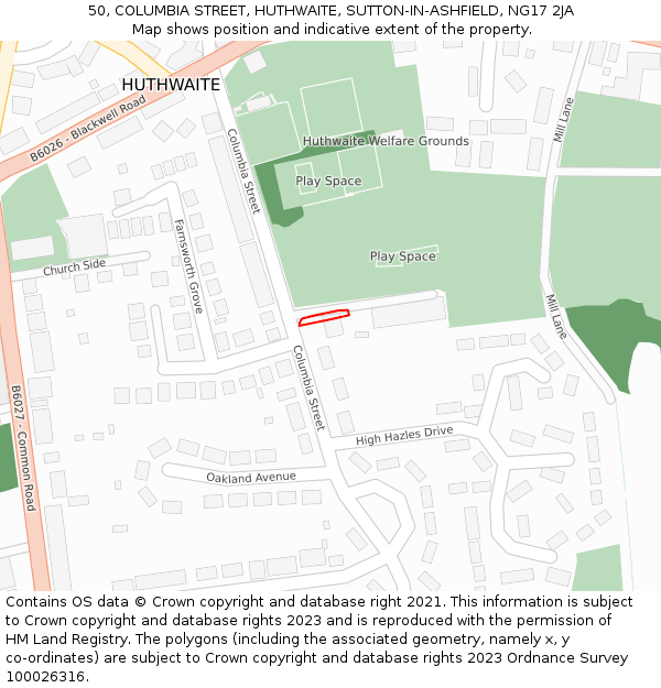 50, COLUMBIA STREET, HUTHWAITE, SUTTON-IN-ASHFIELD, NG17 2JA: Location map and indicative extent of plot