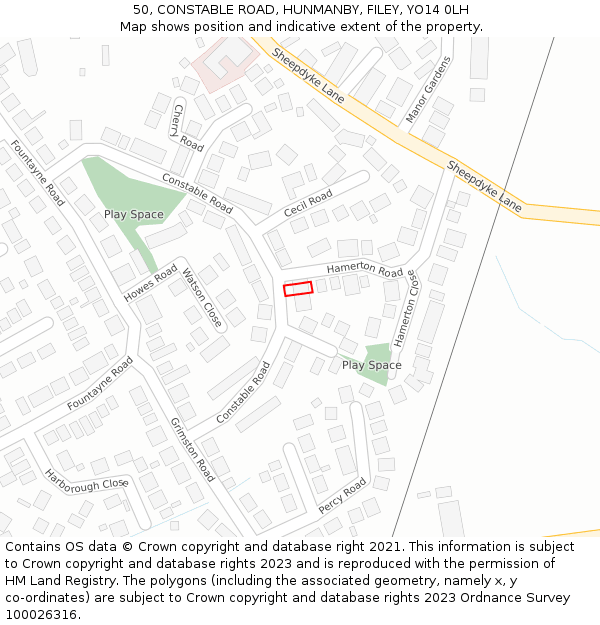 50, CONSTABLE ROAD, HUNMANBY, FILEY, YO14 0LH: Location map and indicative extent of plot