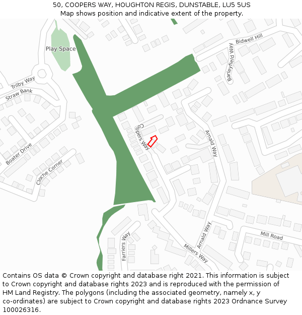 50, COOPERS WAY, HOUGHTON REGIS, DUNSTABLE, LU5 5US: Location map and indicative extent of plot