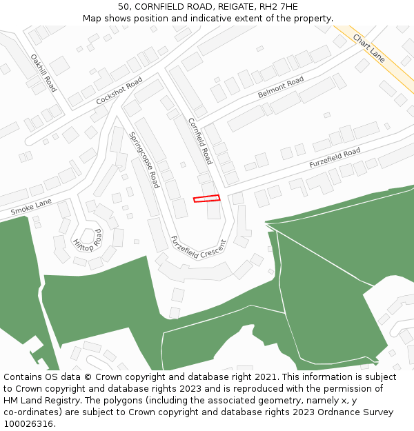 50, CORNFIELD ROAD, REIGATE, RH2 7HE: Location map and indicative extent of plot