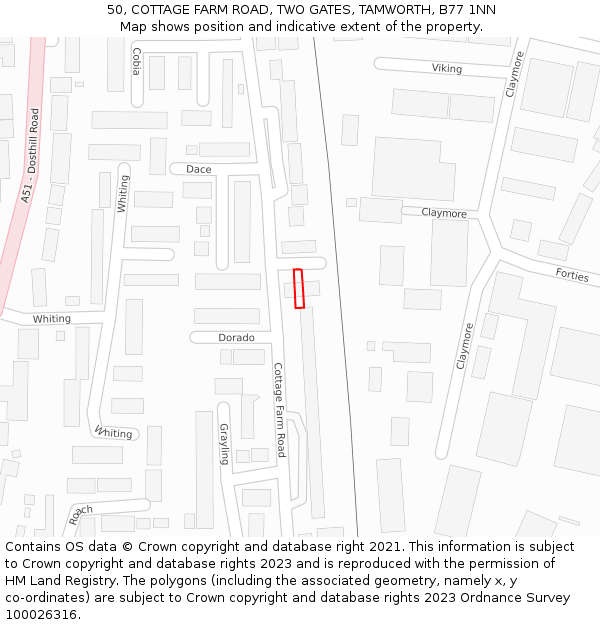 50, COTTAGE FARM ROAD, TWO GATES, TAMWORTH, B77 1NN: Location map and indicative extent of plot