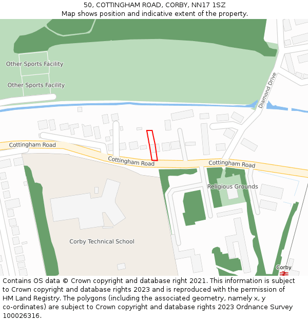 50, COTTINGHAM ROAD, CORBY, NN17 1SZ: Location map and indicative extent of plot