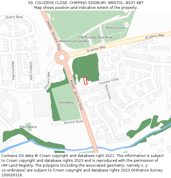 50, COUZENS CLOSE, CHIPPING SODBURY, BRISTOL, BS37 6BT: Location map and indicative extent of plot