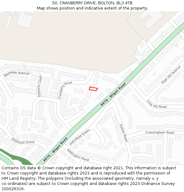 50, CRANBERRY DRIVE, BOLTON, BL3 4TB: Location map and indicative extent of plot