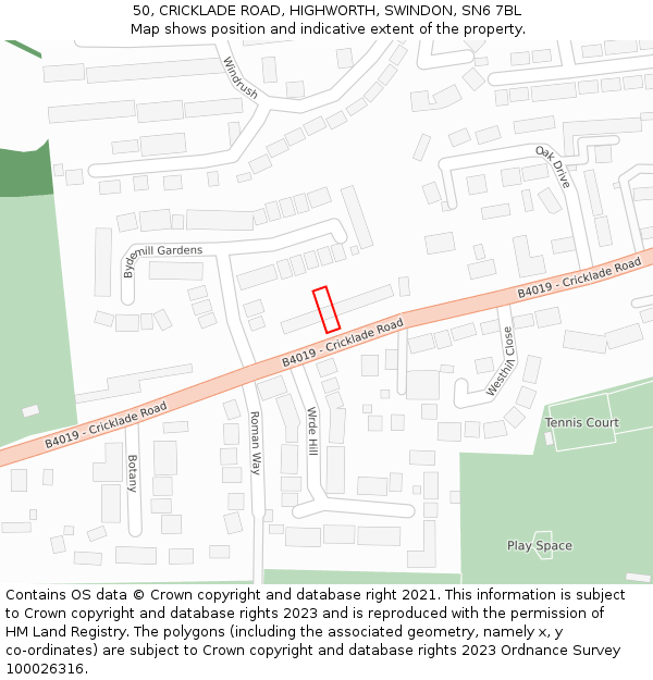 50, CRICKLADE ROAD, HIGHWORTH, SWINDON, SN6 7BL: Location map and indicative extent of plot