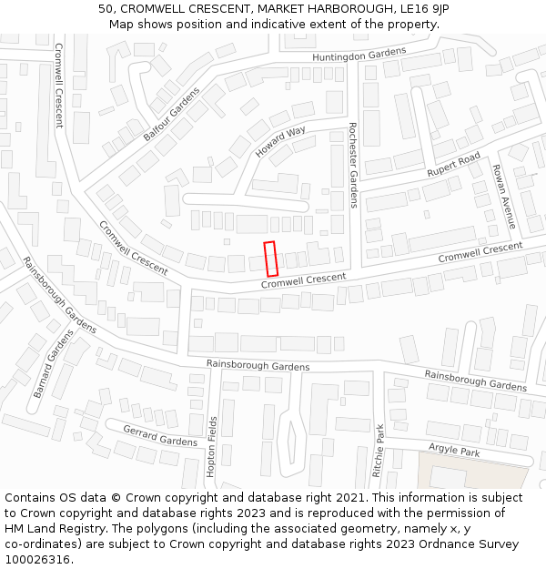 50, CROMWELL CRESCENT, MARKET HARBOROUGH, LE16 9JP: Location map and indicative extent of plot