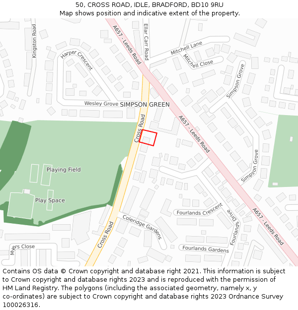 50, CROSS ROAD, IDLE, BRADFORD, BD10 9RU: Location map and indicative extent of plot