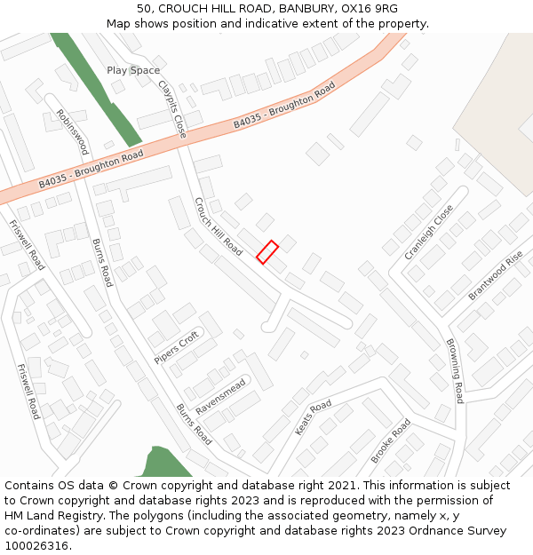 50, CROUCH HILL ROAD, BANBURY, OX16 9RG: Location map and indicative extent of plot