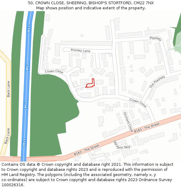 50, CROWN CLOSE, SHEERING, BISHOP'S STORTFORD, CM22 7NX: Location map and indicative extent of plot