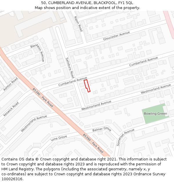 50, CUMBERLAND AVENUE, BLACKPOOL, FY1 5QL: Location map and indicative extent of plot