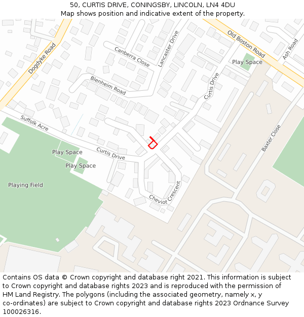 50, CURTIS DRIVE, CONINGSBY, LINCOLN, LN4 4DU: Location map and indicative extent of plot