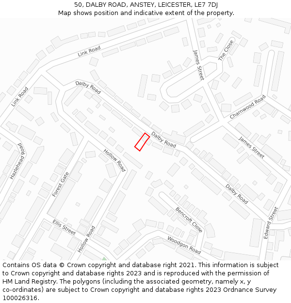 50, DALBY ROAD, ANSTEY, LEICESTER, LE7 7DJ: Location map and indicative extent of plot