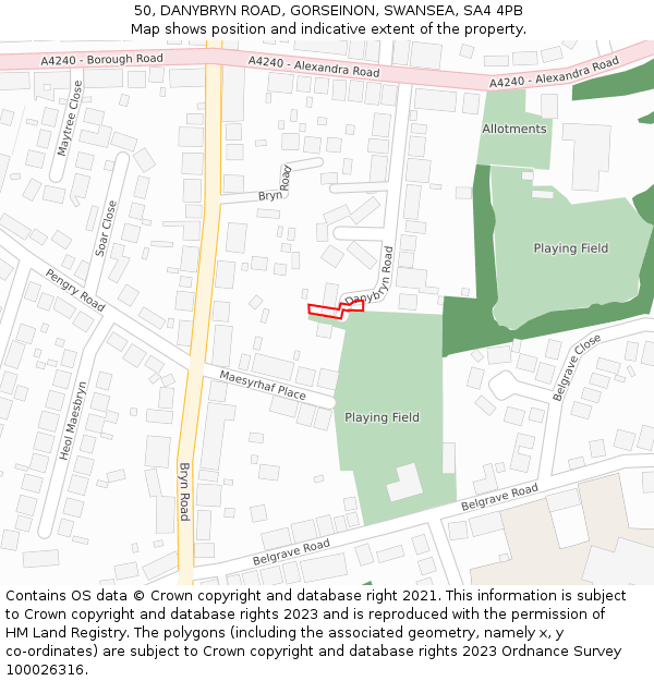 50, DANYBRYN ROAD, GORSEINON, SWANSEA, SA4 4PB: Location map and indicative extent of plot