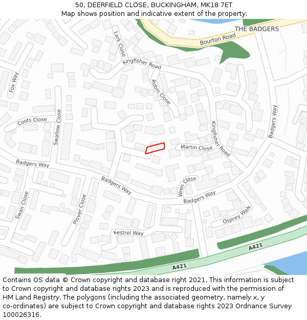 50, DEERFIELD CLOSE, BUCKINGHAM, MK18 7ET: Location map and indicative extent of plot