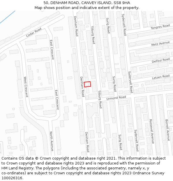 50, DENHAM ROAD, CANVEY ISLAND, SS8 9HA: Location map and indicative extent of plot