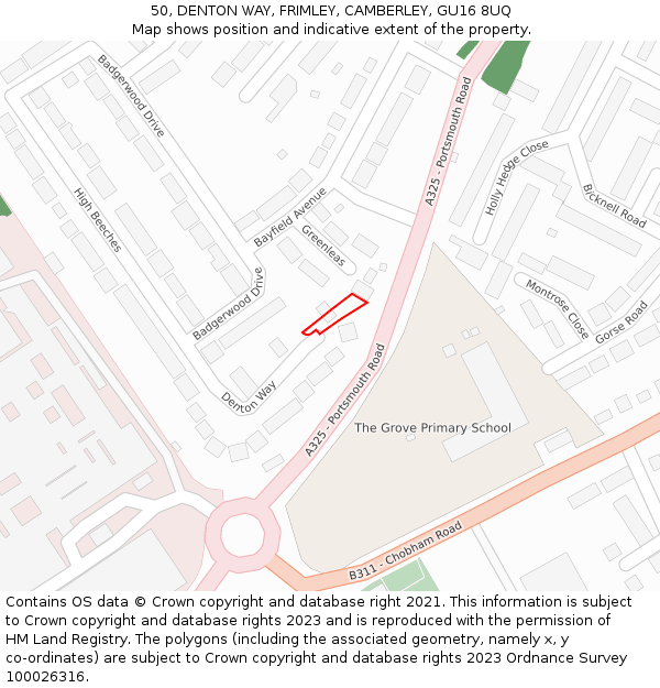 50, DENTON WAY, FRIMLEY, CAMBERLEY, GU16 8UQ: Location map and indicative extent of plot