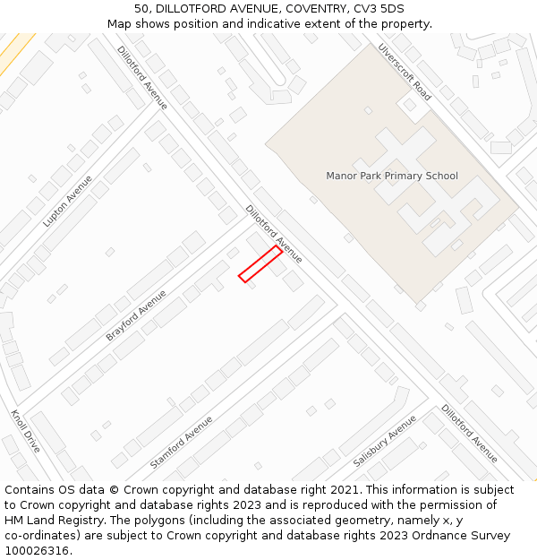 50, DILLOTFORD AVENUE, COVENTRY, CV3 5DS: Location map and indicative extent of plot