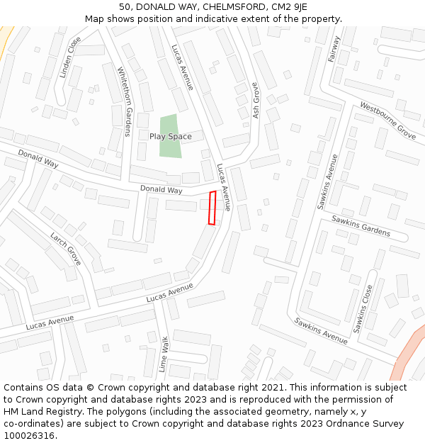 50, DONALD WAY, CHELMSFORD, CM2 9JE: Location map and indicative extent of plot