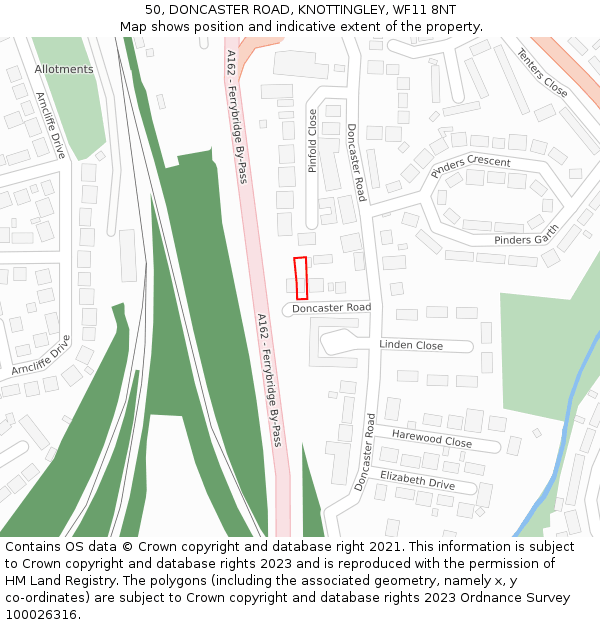 50, DONCASTER ROAD, KNOTTINGLEY, WF11 8NT: Location map and indicative extent of plot