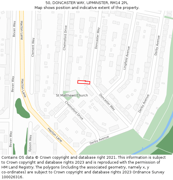 50, DONCASTER WAY, UPMINSTER, RM14 2PL: Location map and indicative extent of plot