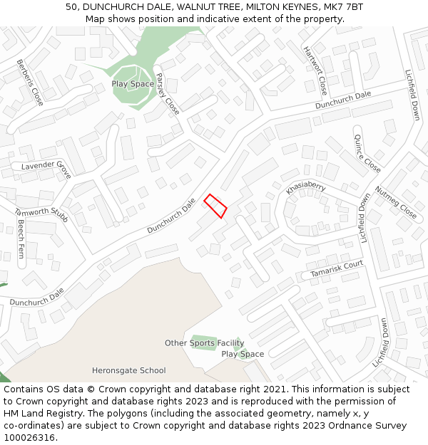 50, DUNCHURCH DALE, WALNUT TREE, MILTON KEYNES, MK7 7BT: Location map and indicative extent of plot