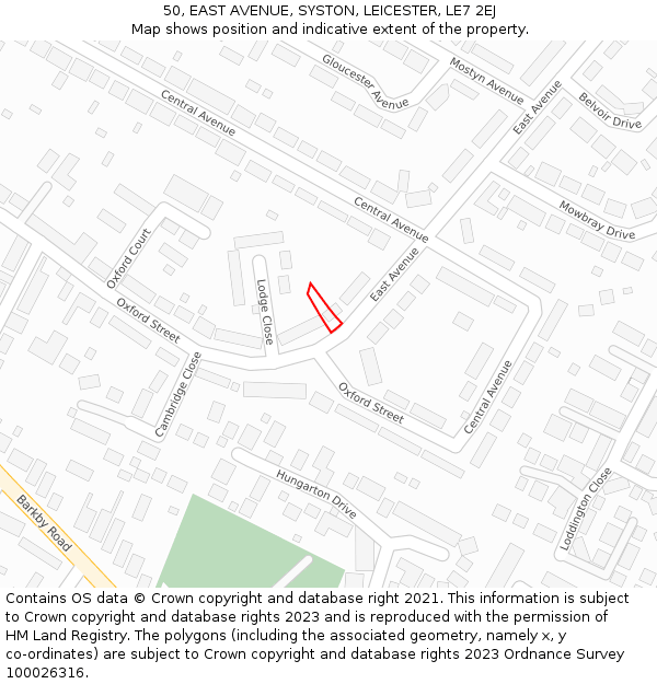 50, EAST AVENUE, SYSTON, LEICESTER, LE7 2EJ: Location map and indicative extent of plot