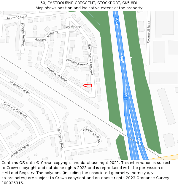 50, EASTBOURNE CRESCENT, STOCKPORT, SK5 8BL: Location map and indicative extent of plot