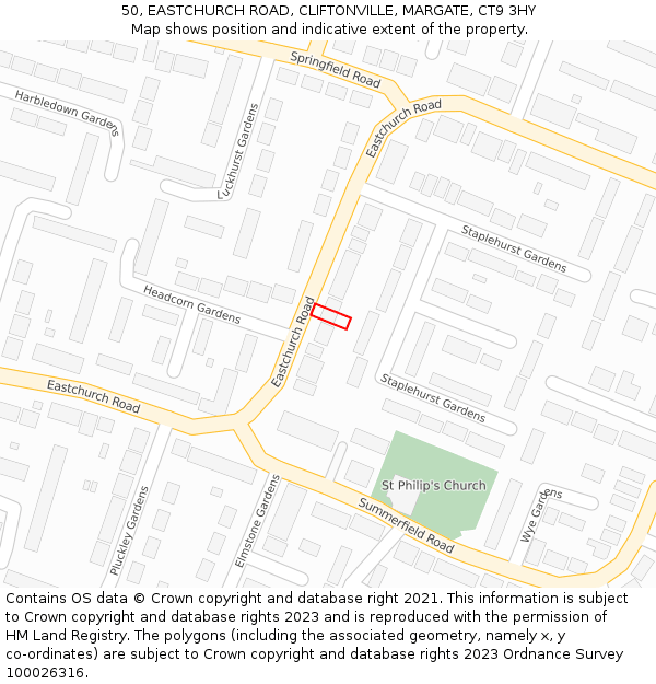 50, EASTCHURCH ROAD, CLIFTONVILLE, MARGATE, CT9 3HY: Location map and indicative extent of plot