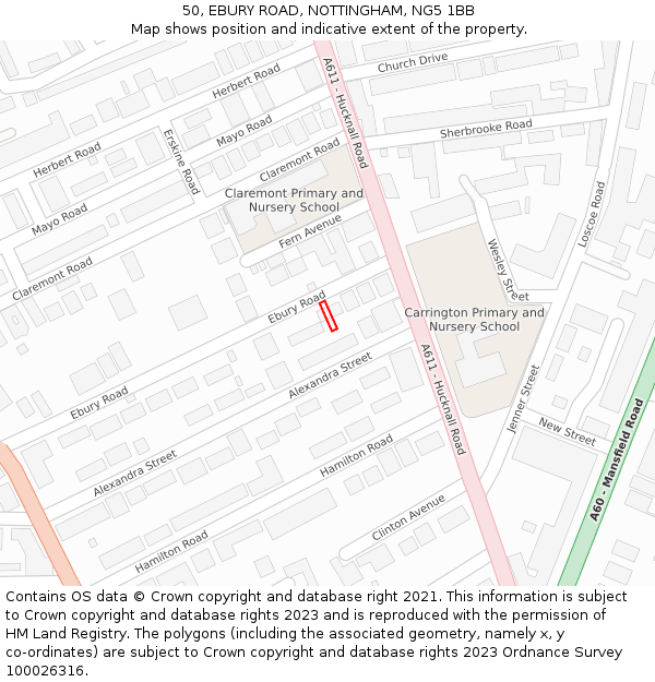 50, EBURY ROAD, NOTTINGHAM, NG5 1BB: Location map and indicative extent of plot