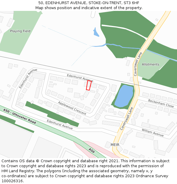 50, EDENHURST AVENUE, STOKE-ON-TRENT, ST3 6HF: Location map and indicative extent of plot