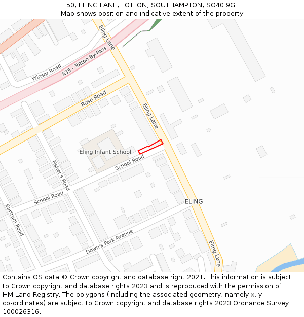 50, ELING LANE, TOTTON, SOUTHAMPTON, SO40 9GE: Location map and indicative extent of plot