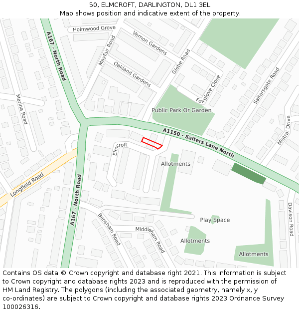 50, ELMCROFT, DARLINGTON, DL1 3EL: Location map and indicative extent of plot