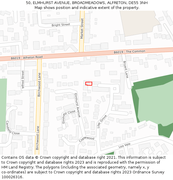 50, ELMHURST AVENUE, BROADMEADOWS, ALFRETON, DE55 3NH: Location map and indicative extent of plot